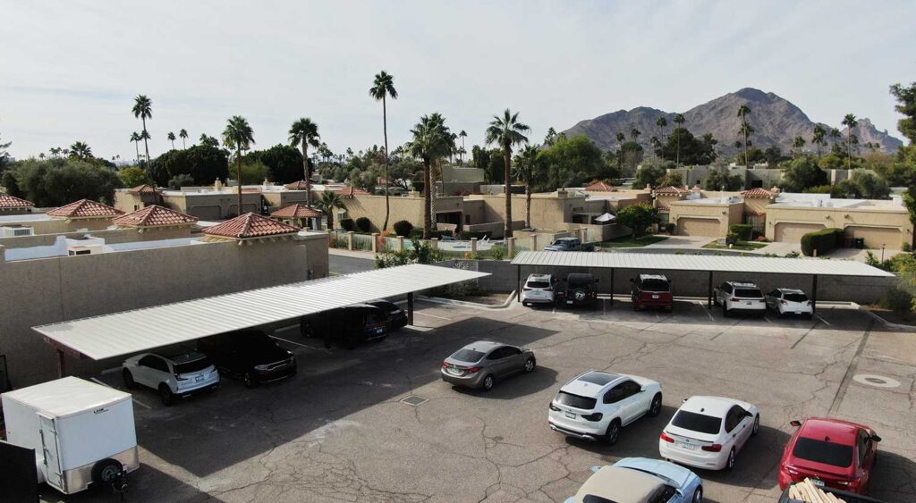 Semi-cantilever with red iron sky view